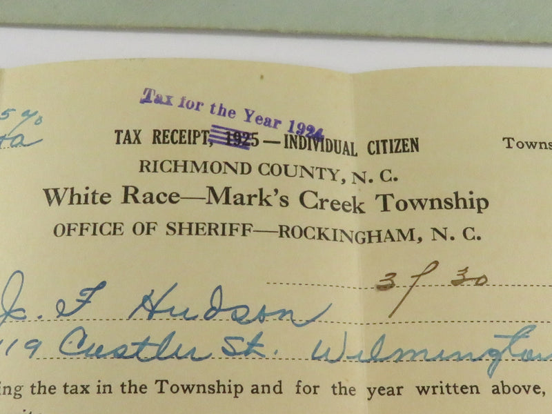 Antique 1925 Richmond County NC Handwritten Tax Receipt Ephemeral Display
