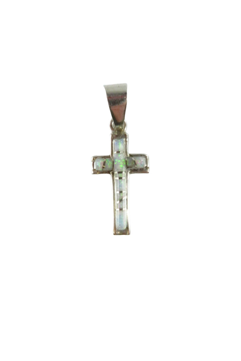 Opal Inlaid Christian Cross Pendant Sterling Opal Cross Cecil Sanders Navajo — Jewelry & Watches:Fine Jewelry:Fine Necklaces