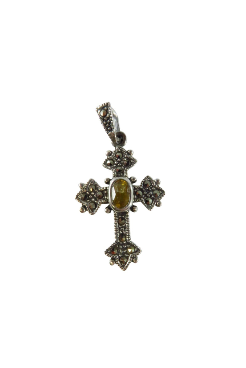 925 Christian Cross Pendant Marcasite Orange Glass Sterling Cross 1 3/8" — Jewelry & Watches:Fine Jewelry:Fine Necklaces & Pe