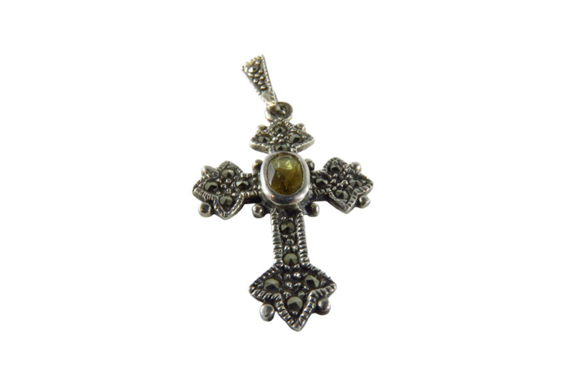 925 Christian Cross Pendant Marcasite Orange Glass Sterling Cross 1 3/8"