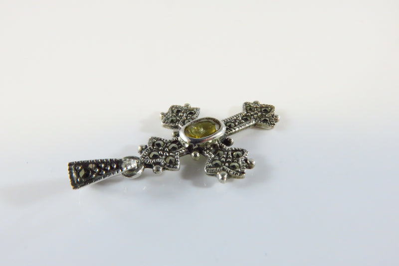 925 Christian Cross Pendant Marcasite Orange Glass Sterling Cross 1 3/8"