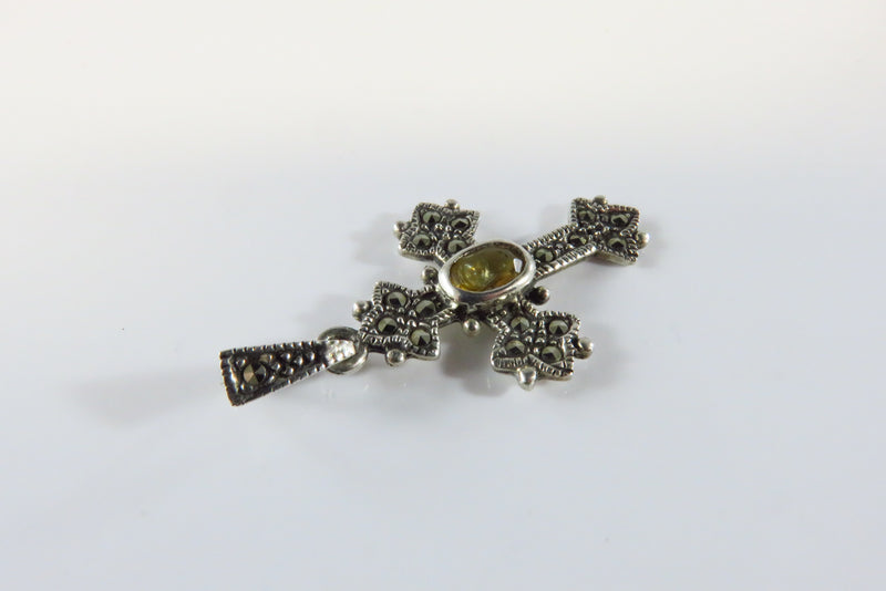 925 Christian Cross Pendant Marcasite Orange Glass Sterling Cross 1 3/8"