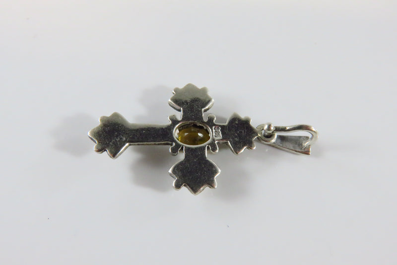 925 Christian Cross Pendant Marcasite Orange Glass Sterling Cross 1 3/8"