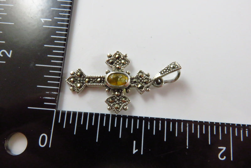 925 Christian Cross Pendant Marcasite Orange Glass Sterling Cross 1 3/8"