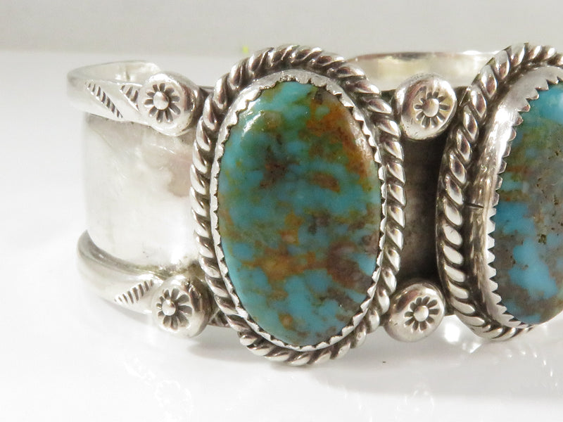 Stunning Sterling Silver Triple Blue Gem Turquoise Navajo Style Unsigned Cuff