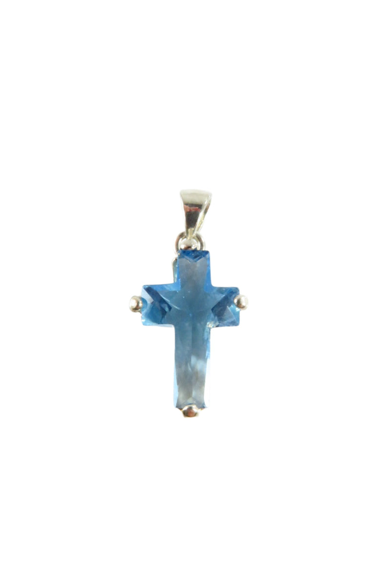 Small Christian Cross Pendant With Blue Glass Stone Sterling Cross Pendant
