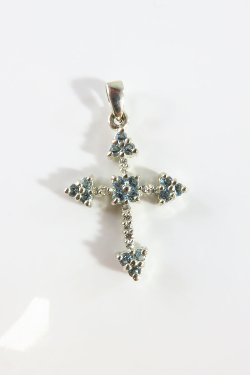 Silver Christian Cross Pendant Blue Glass Sterling Cross Pendant 1 1/4"