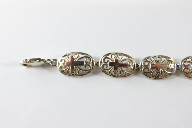 Christian Cross Oval Panel Link Bracelet in Sterling Silver 6 3/4" Lobster Clasp