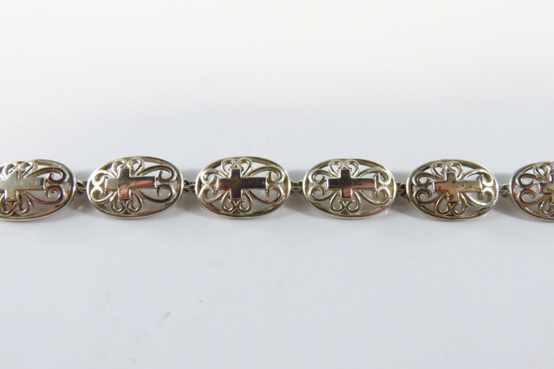 Christian Cross Oval Panel Link Bracelet in Sterling Silver 6 3/4" Lobster Clasp