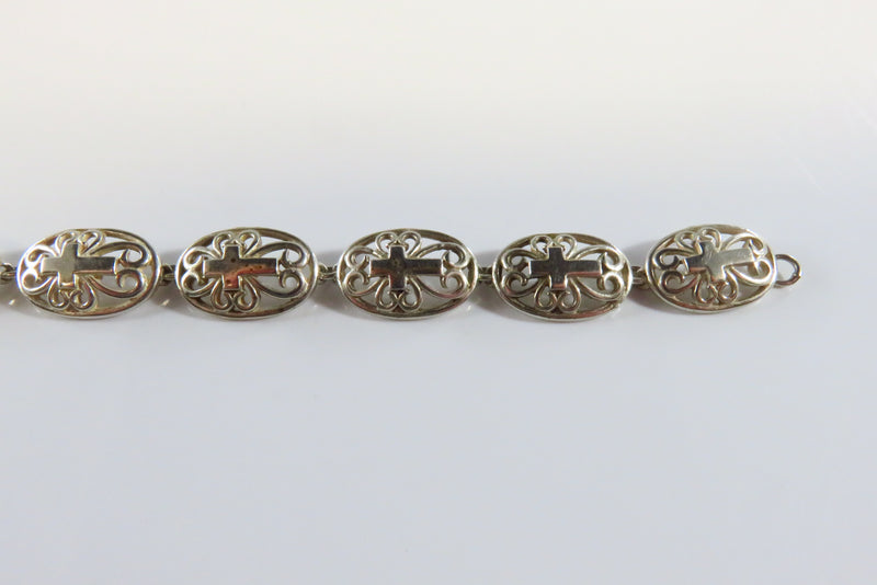 Christian Cross Oval Panel Link Bracelet in Sterling Silver 6 3/4" Lobster Clasp