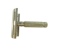 Side view of a silver-tone double edge safety razor with a textured knurled handle against a black background.