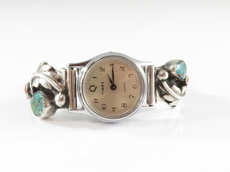 Sterling Turquoise & Coral Women's Navajo Watch Tips Timex Electric Watch