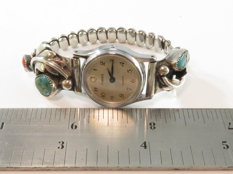 Sterling Turquoise & Coral Women's Navajo Watch Tips Timex Electric Watch