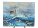 Full view of signed M. Andrea oil painting showing a lighthouse, red-roofed keeper house, rocky shoreline, seagulls, and crashing blue waves.