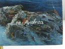 Close view of the painted M. Andrea signature at the lower right over a rocky wave scene.