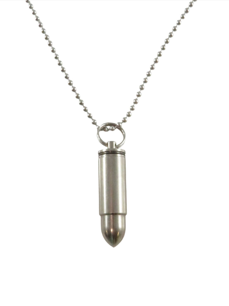 Beaded Chain 24" TL With Bullet Form Pendant Pill Box Pill Storage — Necklaces & Pendants • Silver — front view