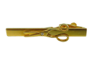 Gold-tone tie bar with raised barber shears and clear rhinestone detail