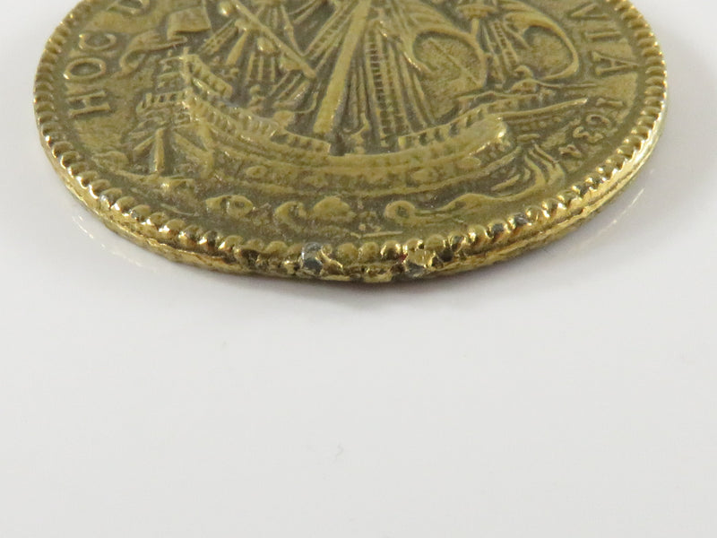 Vintage Cora Mid Century Era Gilded Costume Medal 1634 Coin Brooch With Warts