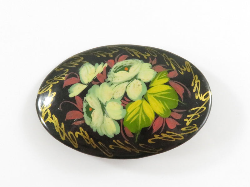 Vintage Russian Colorful Oval Brooch Hand Painted Lacquered Flower Pin Signed
