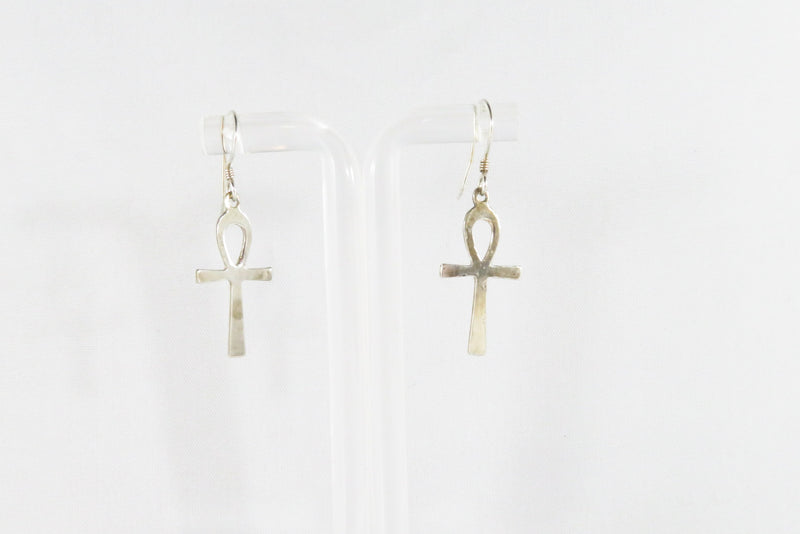 Egyptian Ankh Cross Dangle Earrings Sterling Silver Ankh Earrings 1 1/2" Drop