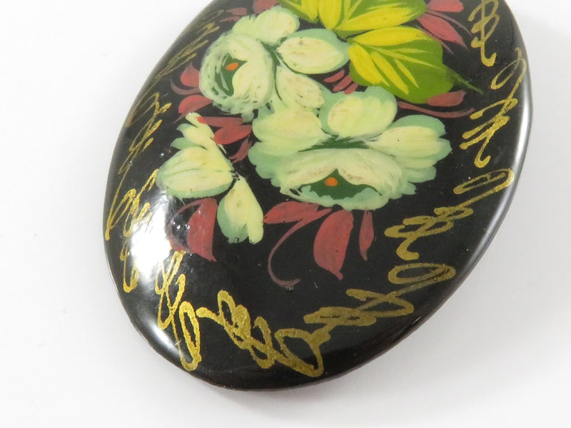 Vintage Russian Colorful Oval Brooch Hand Painted Lacquered Flower Pin Signed