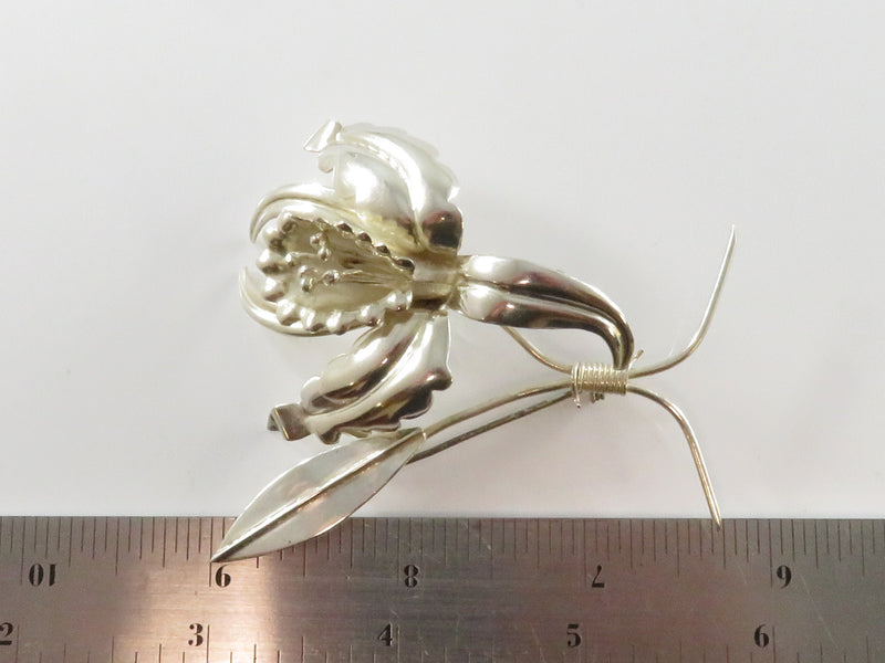 Artisan Sterling Silver Orchid Flower Brooch Pin Taxco Mexico  2 3/4" x  2 1/2"