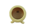 Front view of cream French ivory celluloid pocket watch holder with round bezel and scroll feet.