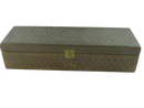 Closed antique embossed leatherette glove box with diamond trellis lid pattern, floral motifs, and brass front latch plate.