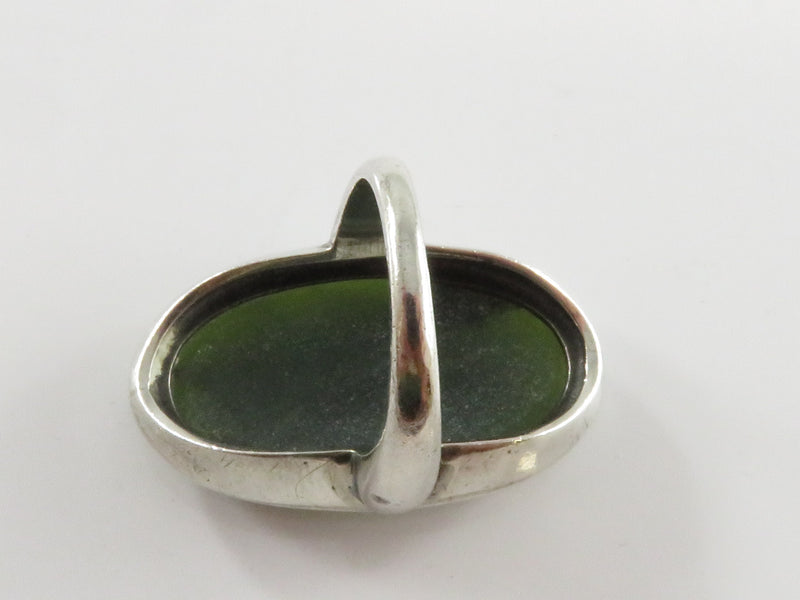 Sterling Silver Oval Polished Spinach Green Nephrite Jade Finger Ring Size 7 1/4
