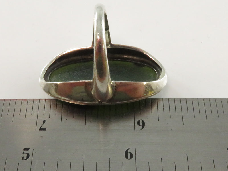 Sterling Silver Oval Polished Spinach Green Nephrite Jade Finger Ring Size 7 1/4