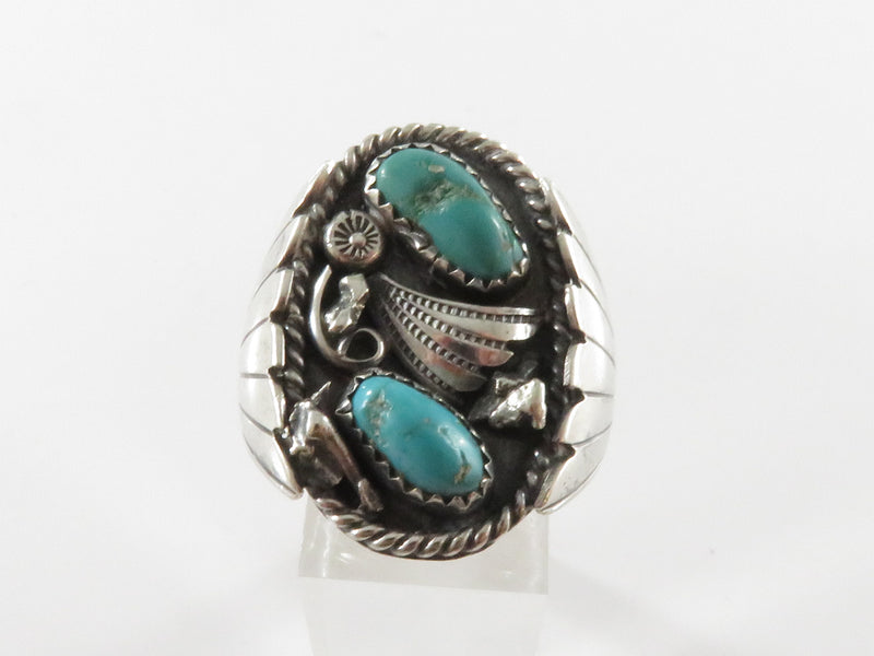 Vintage Navajo Silver Turquoise Ring Signed J.TSO Sz 9 Biker Ring