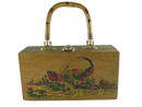 Front of vintage wooden box purse with hand-painted pheasants, lily pads, faux bamboo handle, and brass flip lock.