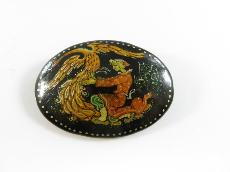 Vintage Russian Black Lacquer Hand Painted Pin – Ivan Tsarevich Capturing the Firebird