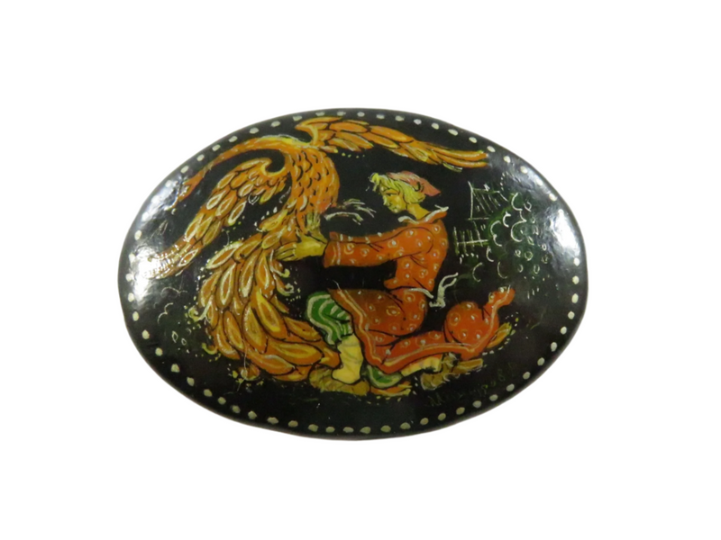 Vintage Russian Black Lacquer Hand Painted Pin – Ivan Tsarevich Capturing the Firebird