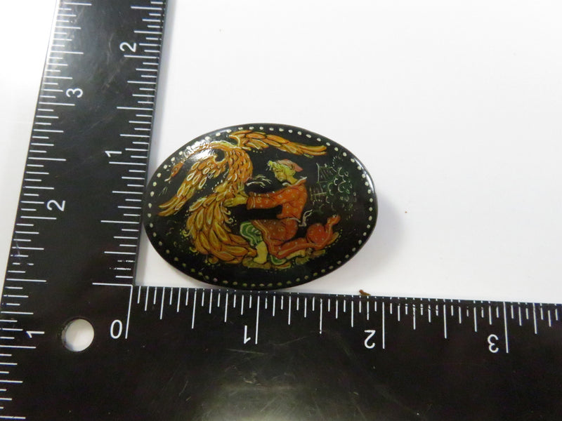 Vintage Russian Black Lacquer Hand Painted Pin – Ivan Tsarevich Capturing the Firebird