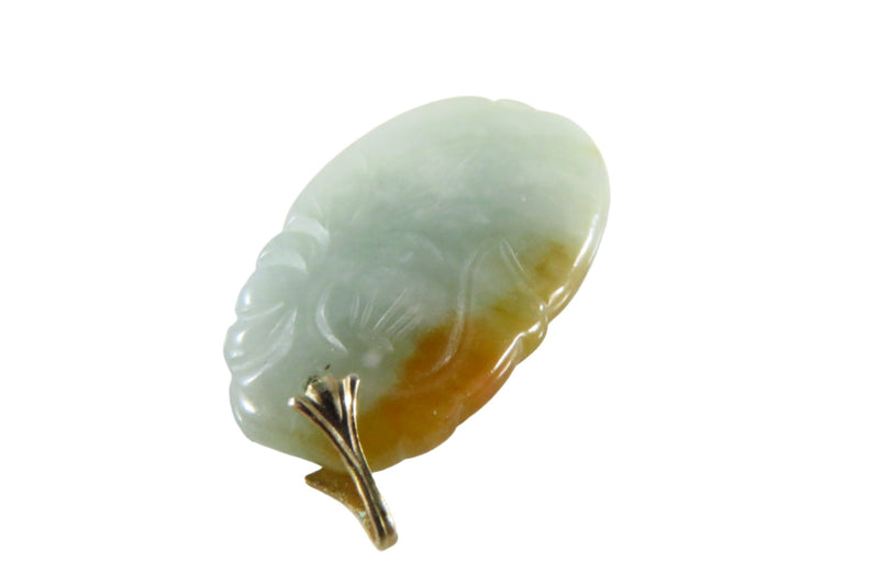 Lovely Nephrite Jadeite Jade Carved Leaf Design Pendant Yellow Metal Bale