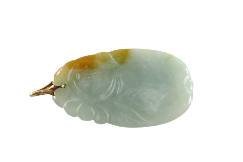 Lovely Nephrite Jadeite Jade Carved Leaf Design Pendant Yellow Metal Bale