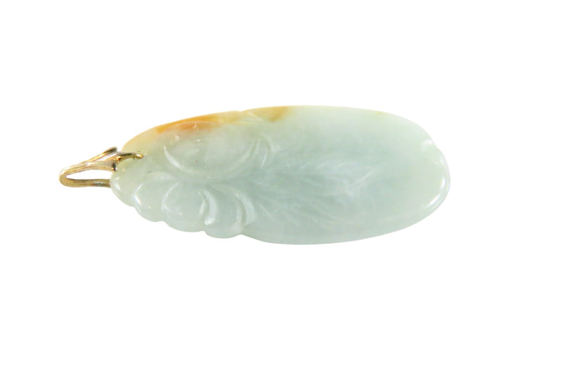 Lovely Nephrite Jadeite Jade Carved Leaf Design Pendant Yellow Metal Bale