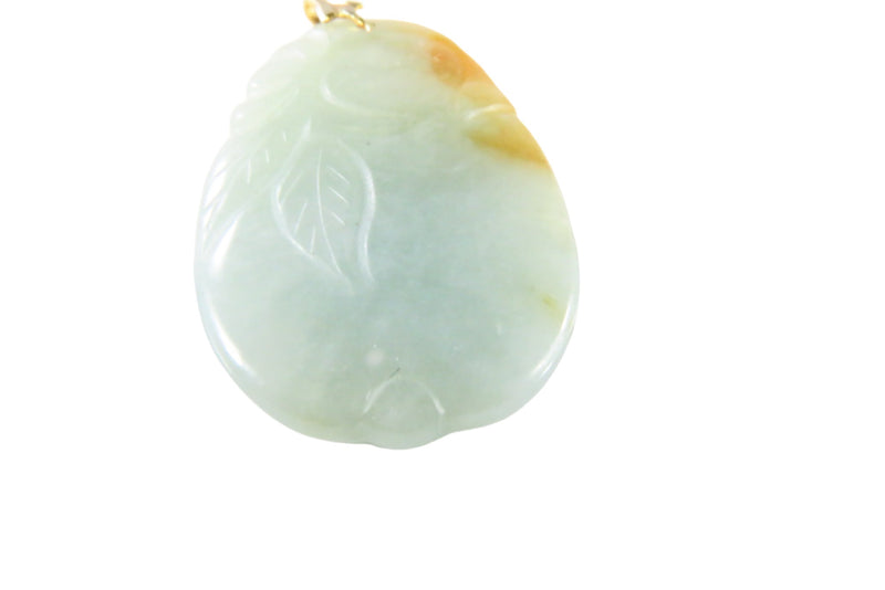 Lovely Nephrite Jadeite Jade Carved Leaf Design Pendant Yellow Metal Bale