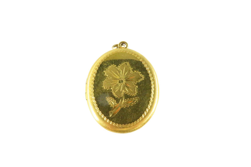 Gold Filled 2 Photo Locket with Etched Flower Design 1 5/8" high — Gold — front view