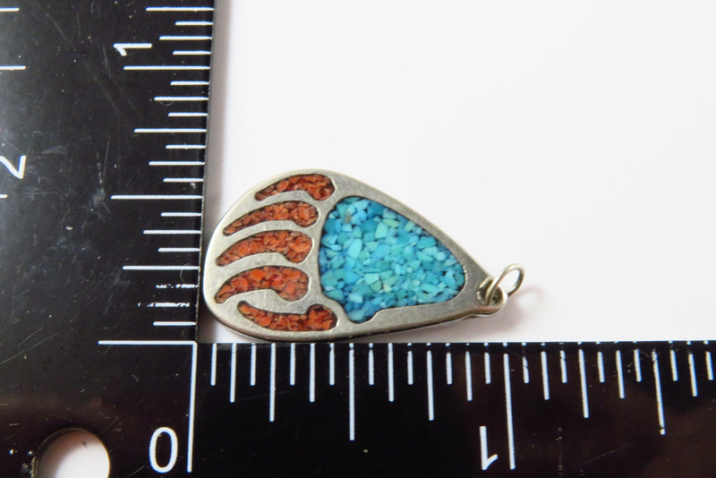 Vintage White Metal Crushed Turquoise Coral Bear Claw 70"s Pendant