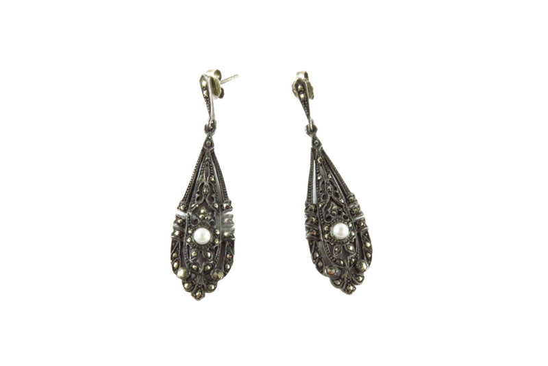 Blackened White Metal Marcasite & White Cultured Pearl Dangle Earrings — Jewelry & Watches:Fine Jewelry:Fine Earrings:Gemston