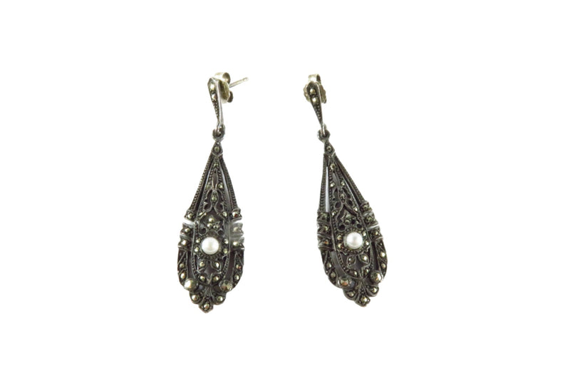 Blackened White Metal Marcasite & White Cultured Pearl Dangle Earrings