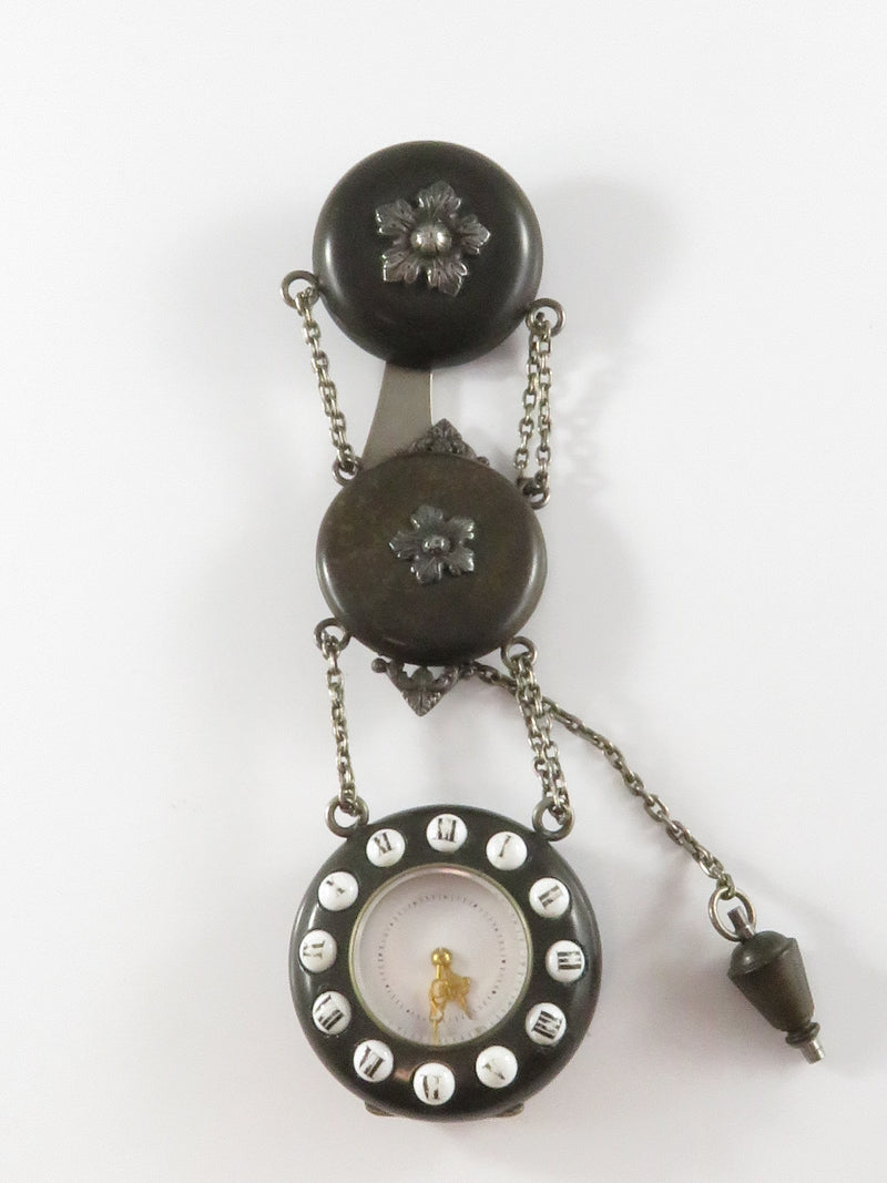 In the Style of Charles Oudin Stem Wind Victorian Ebonite Pocket Watch Chatelaine