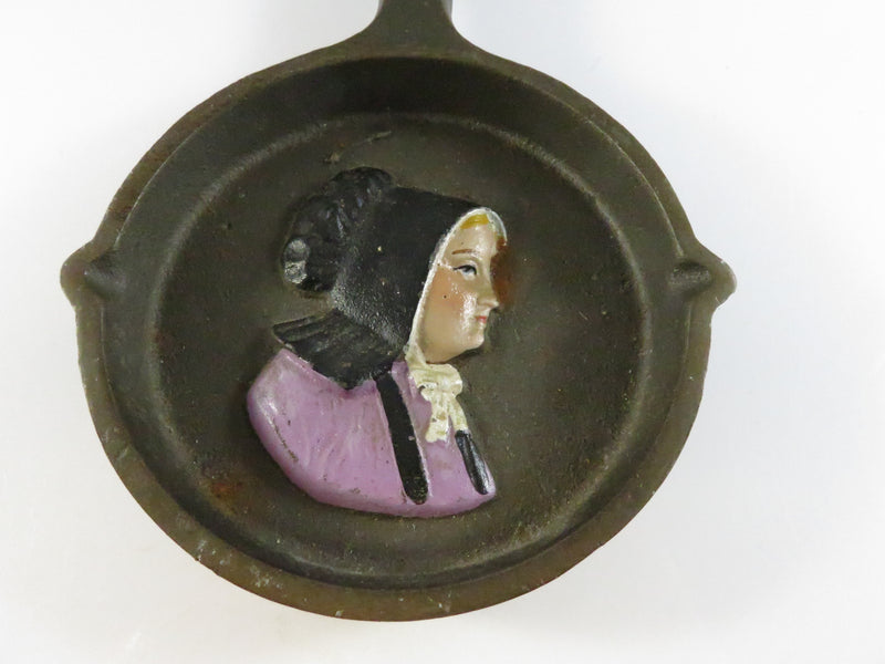 Vintage Cast Iron Miniature Skillet with Painted Amish Girl - 6 3/8"