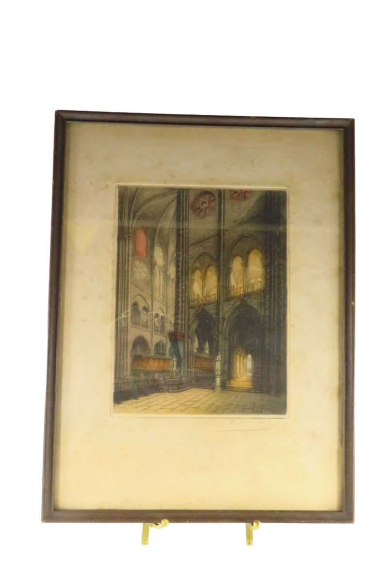 Antique Victor Valery Signed Color Etching of Notre Dame Interior, Paris France