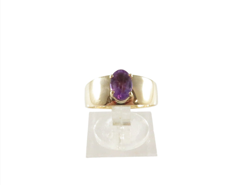 14K Gold Solitaire Oval Amethyst Solitaire Band Ring Signed EV Size 6.75