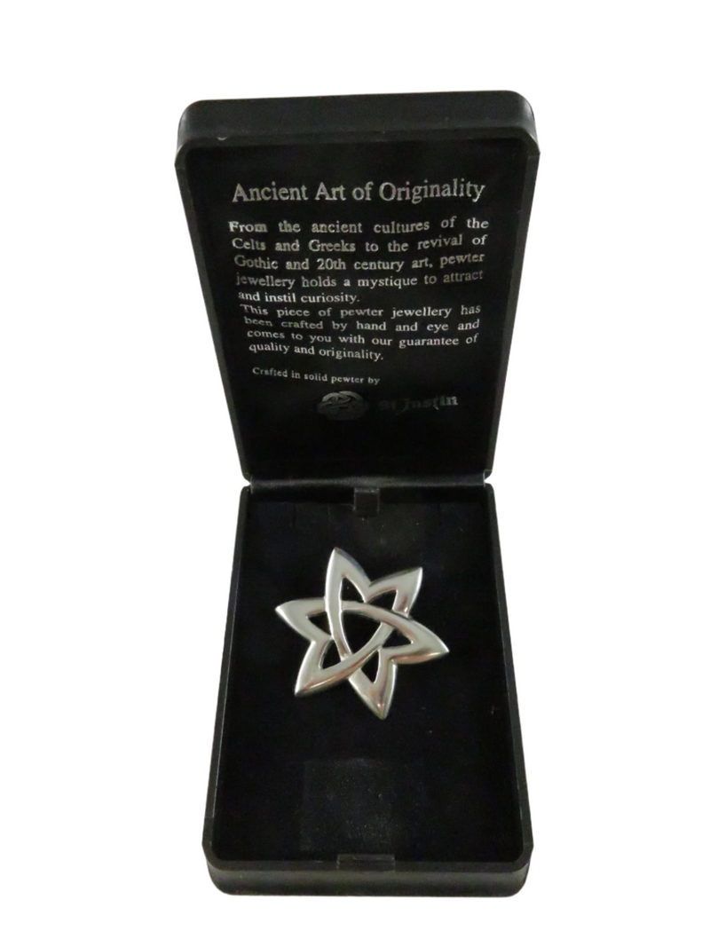 Pewter celtic knot geometric brooch in a black jewelry box with text on a white background