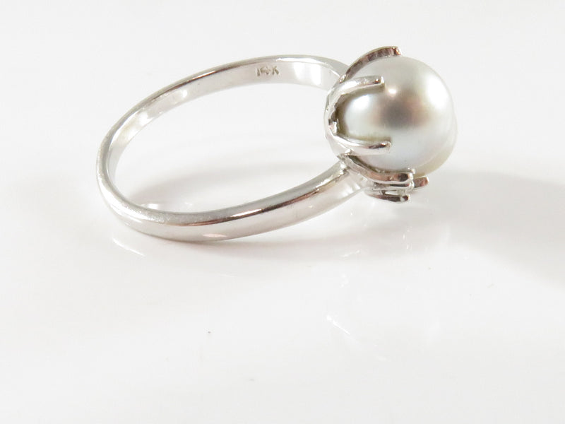 14K White Gold Cultured Akoya Light Gray Pearl Diamond Accented bypass Ring Size 6