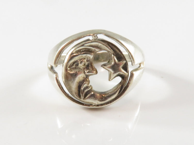 Vintage Crescent Moon and Star Spinner Flip Ring Sterling Silver Size 9